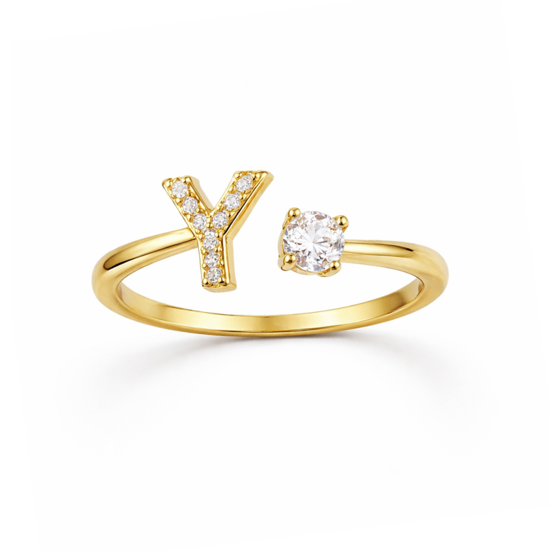 Anillo personalizado con inicial en letra, con corte redondo y corte princesa en oro de 14 quilates-8