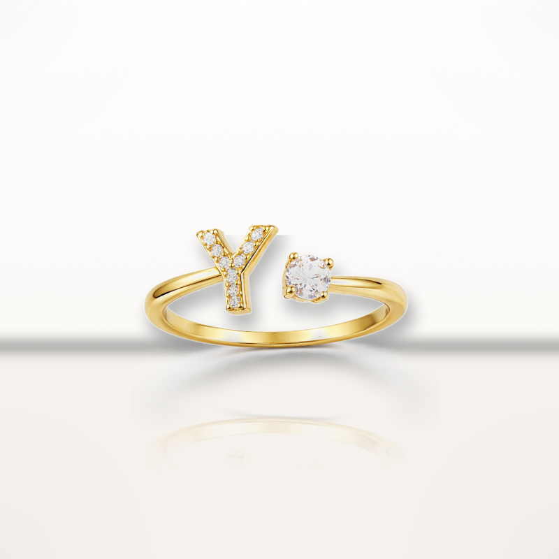 14K Gold Round Cut & Princess Cut Personalized Letter Initial Ring-3