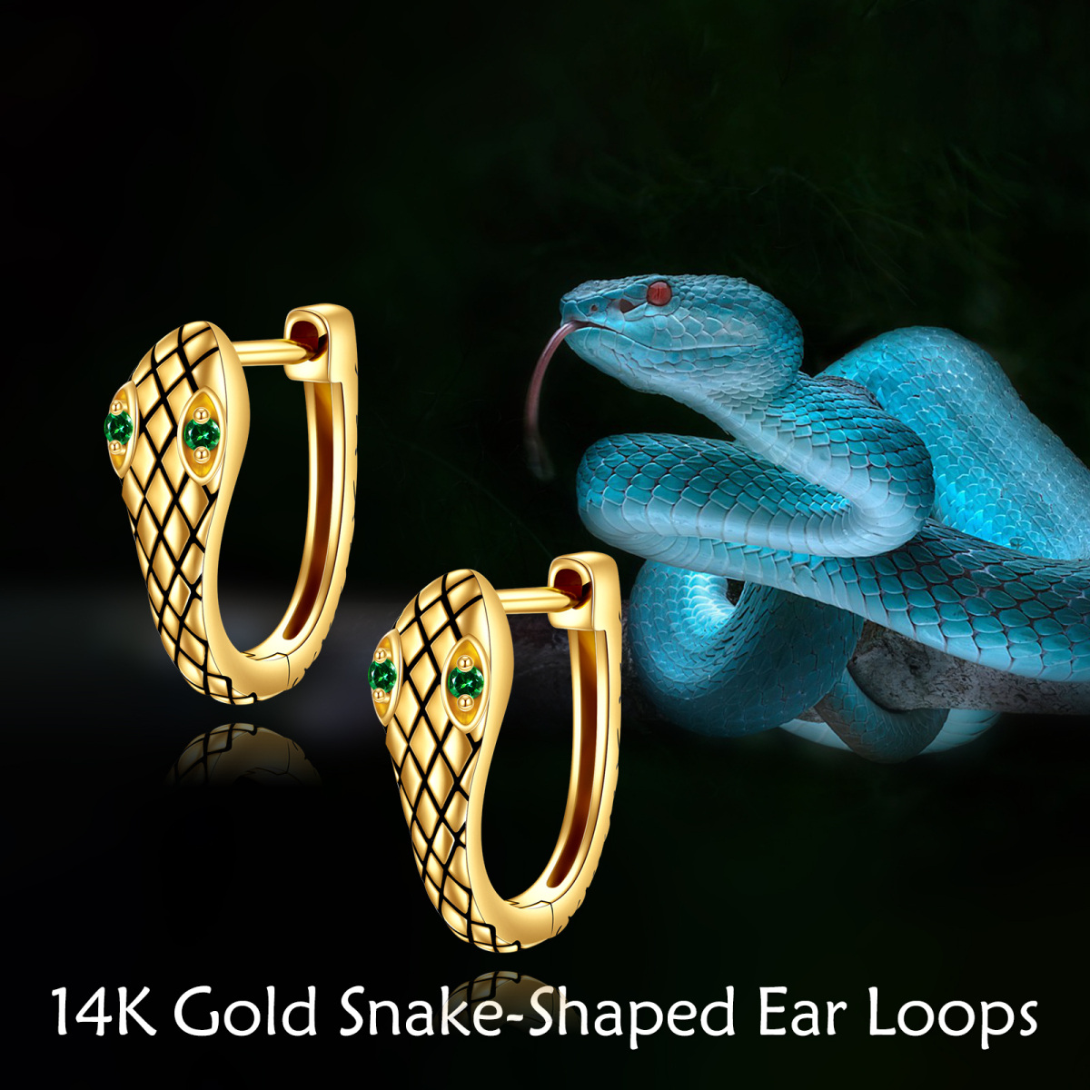 Aretes tipo serpiente con circonita cúbica de corte redondo en oro de 14 quilates-6