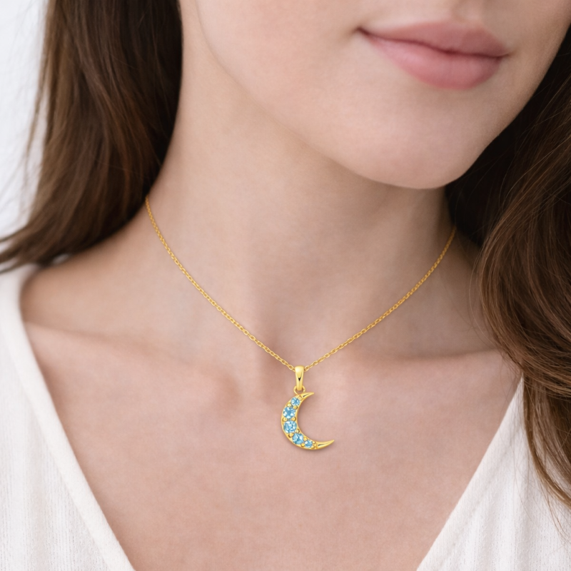Collar colgante de oro de 14 quilates con topacio azul de corte redondo y diseño de luna-2