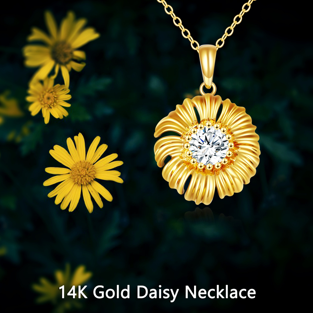 14K Gold Round Cubic Zirconia Daisy Pendant Necklace-5