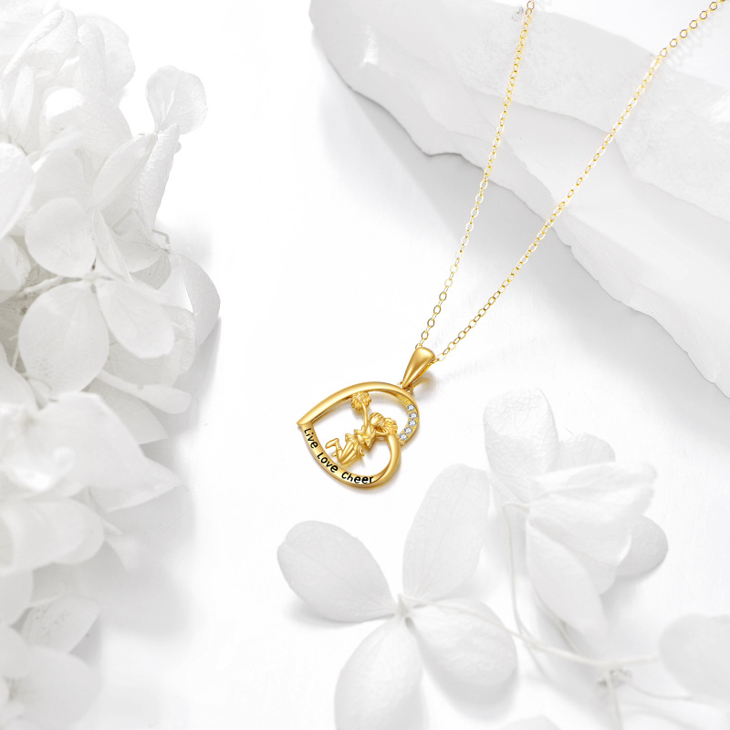 18K Gold Round Cubic Zirconia Dancing Girl & Heart Pendant Necklace-5