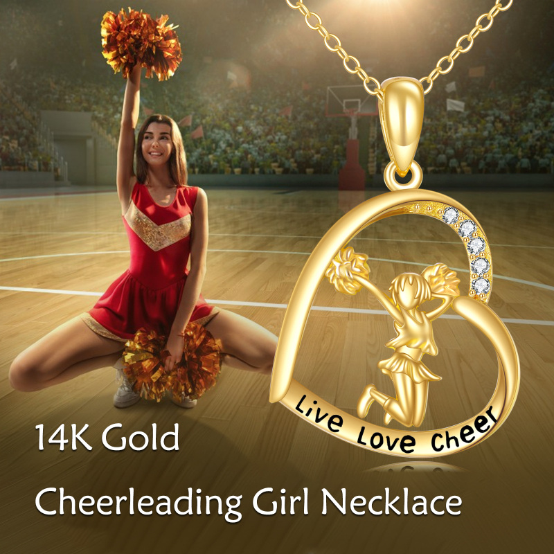 18K Gold Round Cubic Zirconia Dancing Girl & Heart Pendant Necklace-6