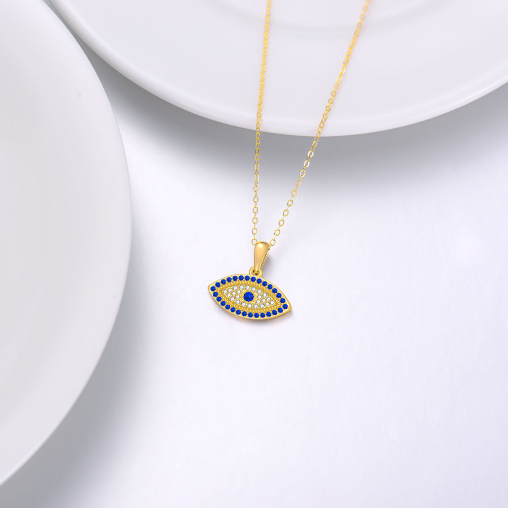 10K Gold Round Cubic Zirconia Devil's Eye Pendant Necklace-4