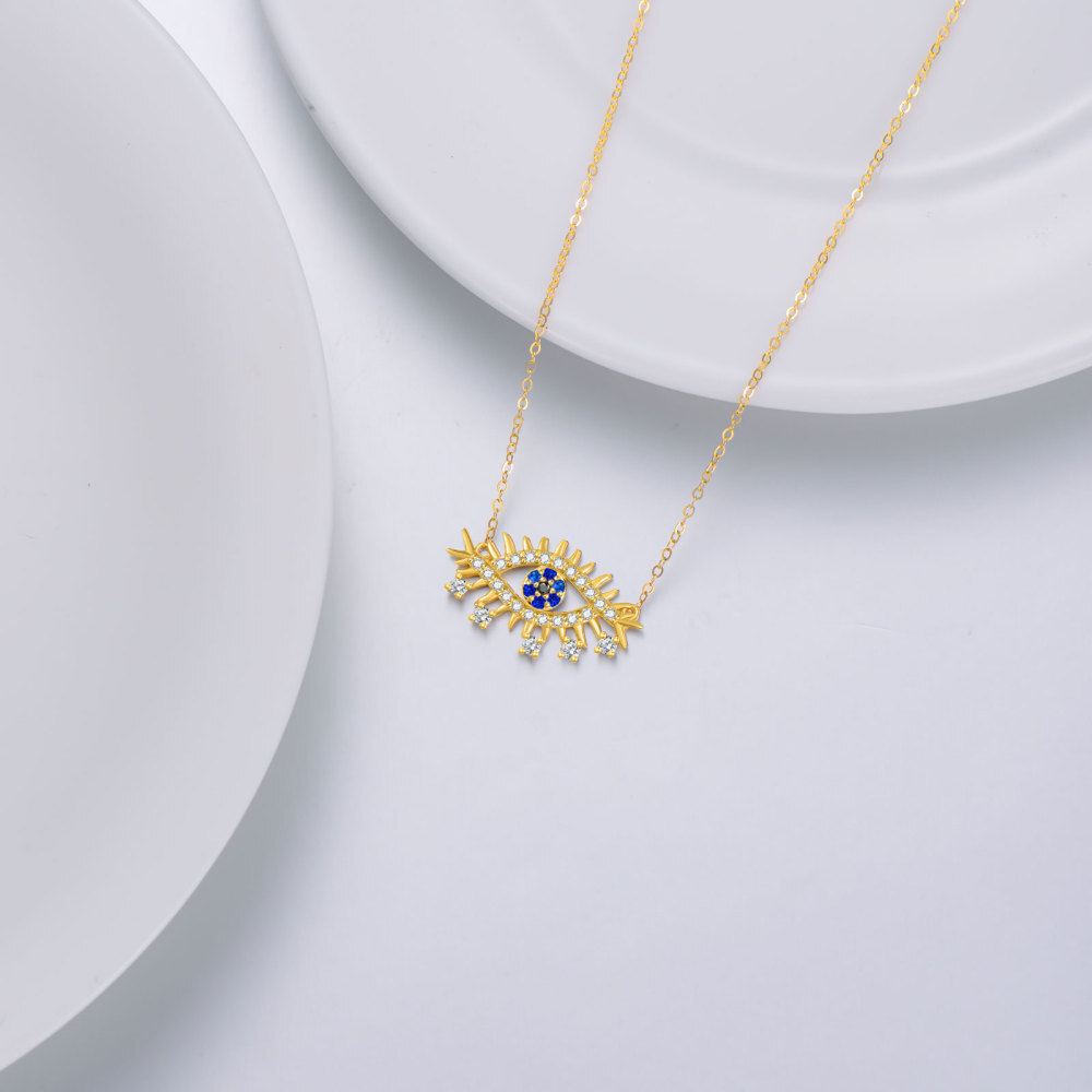 10K Gold Round Cubic Zirconia Devil's Eye Pendant Necklace-3