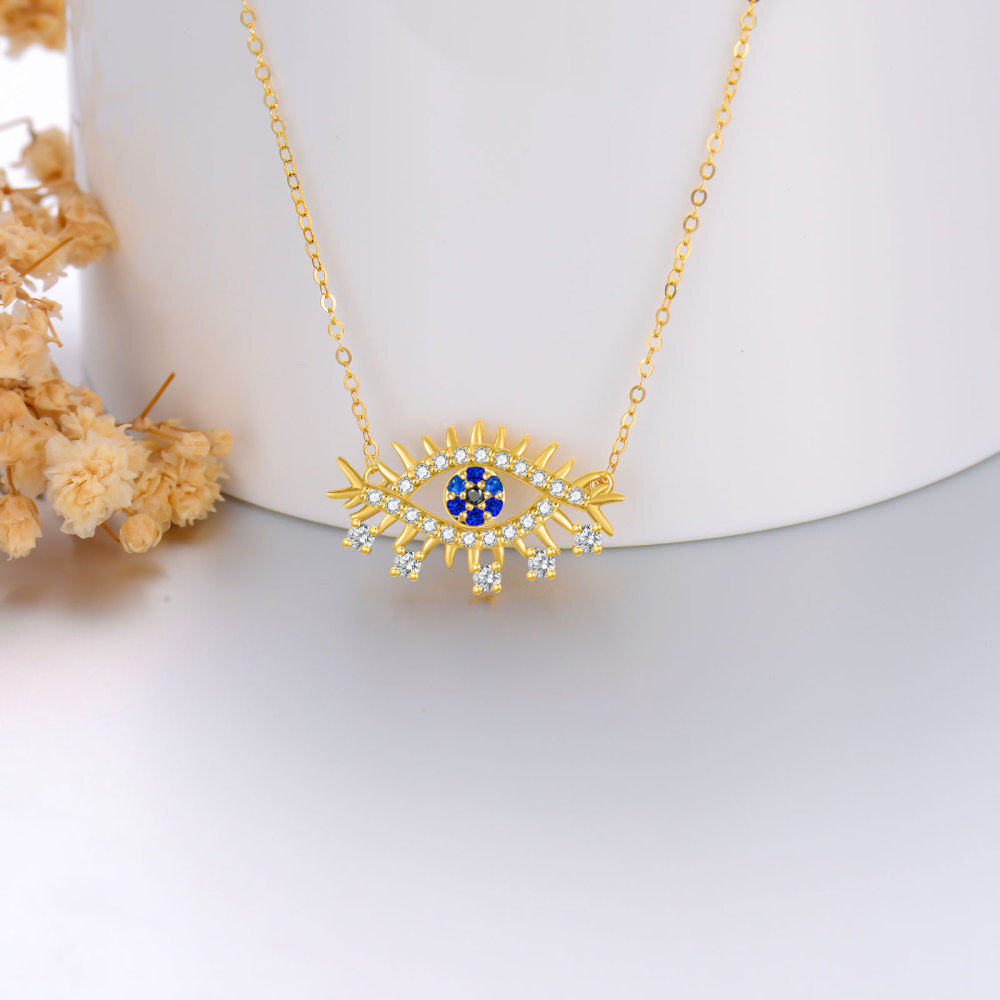 10K Gold Round Cubic Zirconia Devil's Eye Pendant Necklace-4
