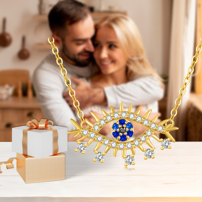 Halskette aus 10-karätigem Gold mit rundem Teufelsaugen-Anhänger aus Zirkonia-6