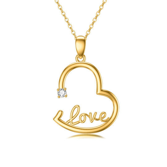 14K Gold Round Diamond Heart Pendant Necklace with Engraved Word