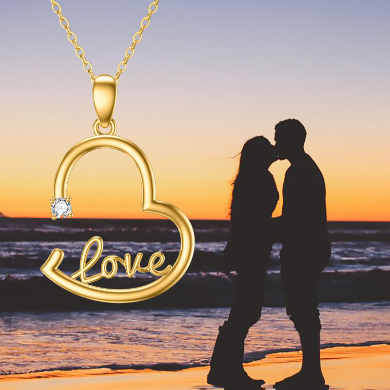 18K Gold Round Diamond Heart Pendant Necklace with Engraved Word-5