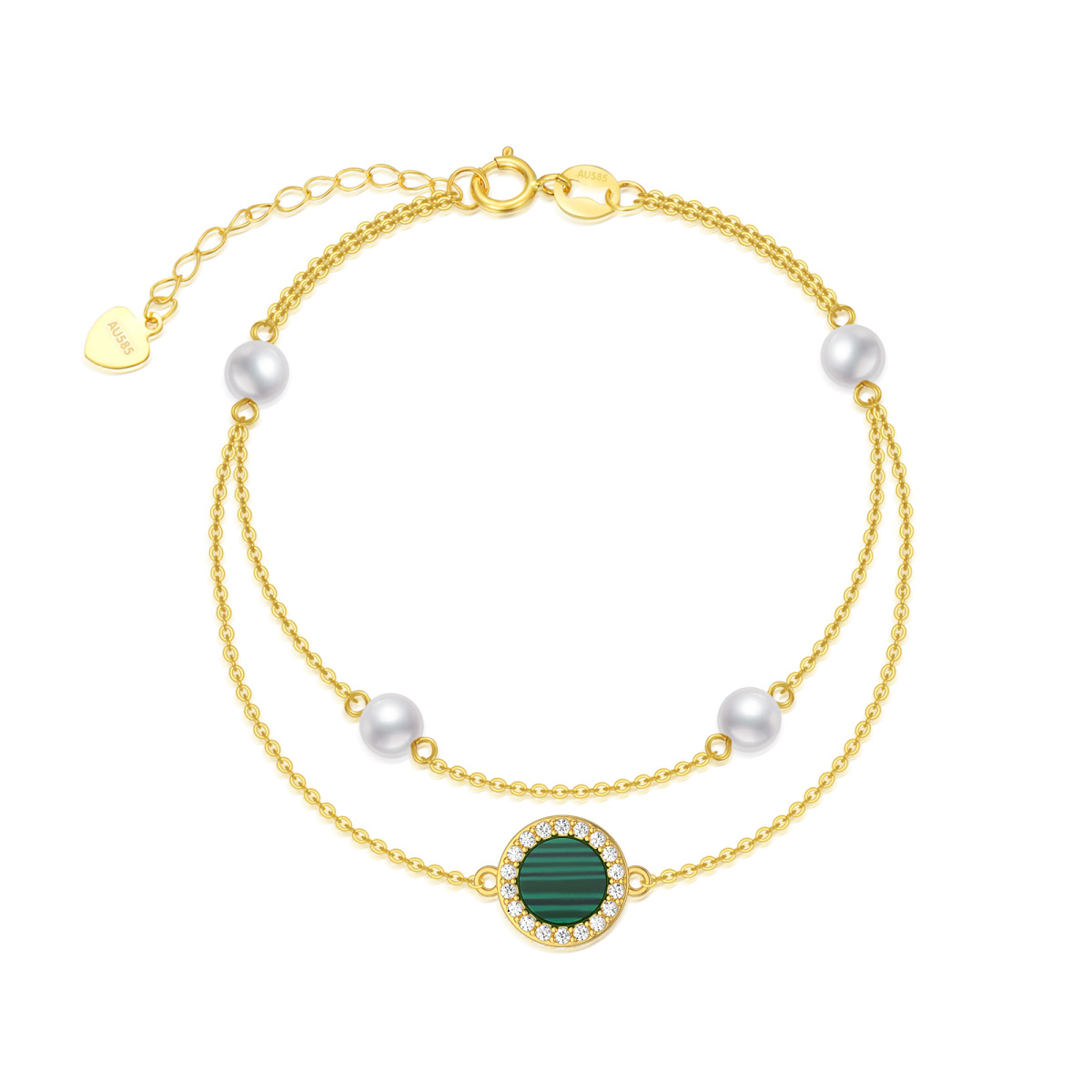 10K Gold Round Malachite With Diamond & Pearl Layerered Bracelet For Women-1