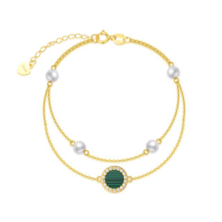 14K Gold Round Malachite With Diamond & Pearl Layerered Bracelet For Women-4