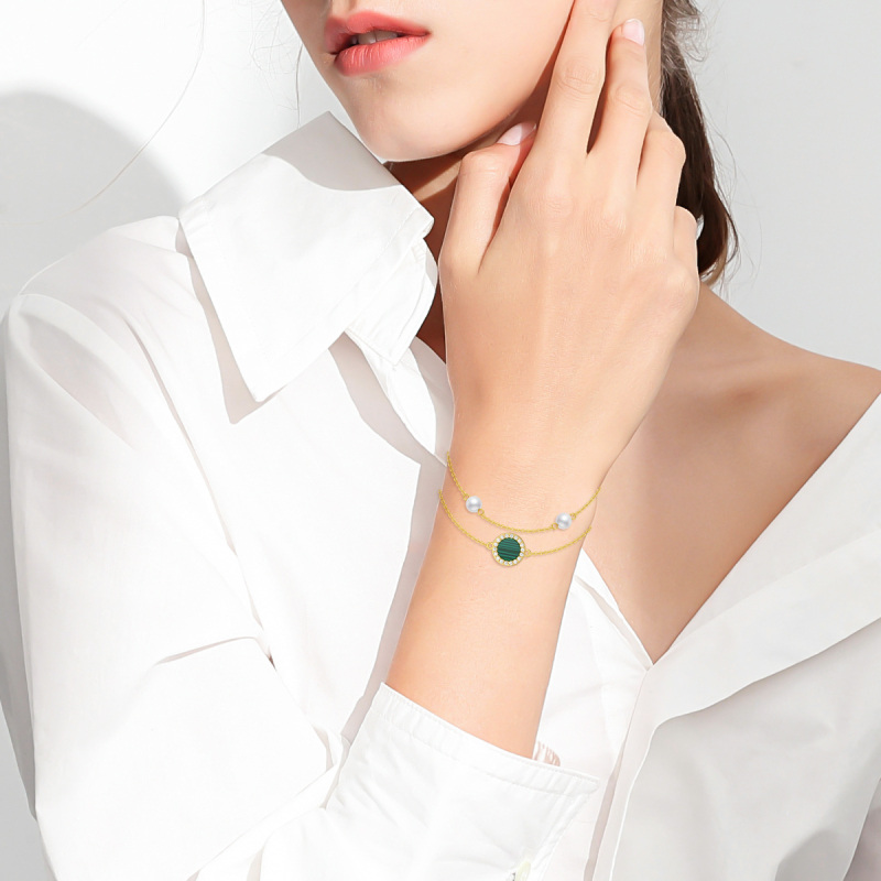 10K White Gold Round Cut Diamond & Pearl & Malachite Round Layerered Bracelet-2