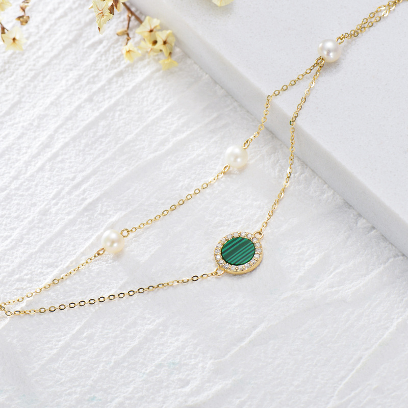 10K White Gold Round Cut Diamond & Pearl & Malachite Round Layerered Bracelet-4