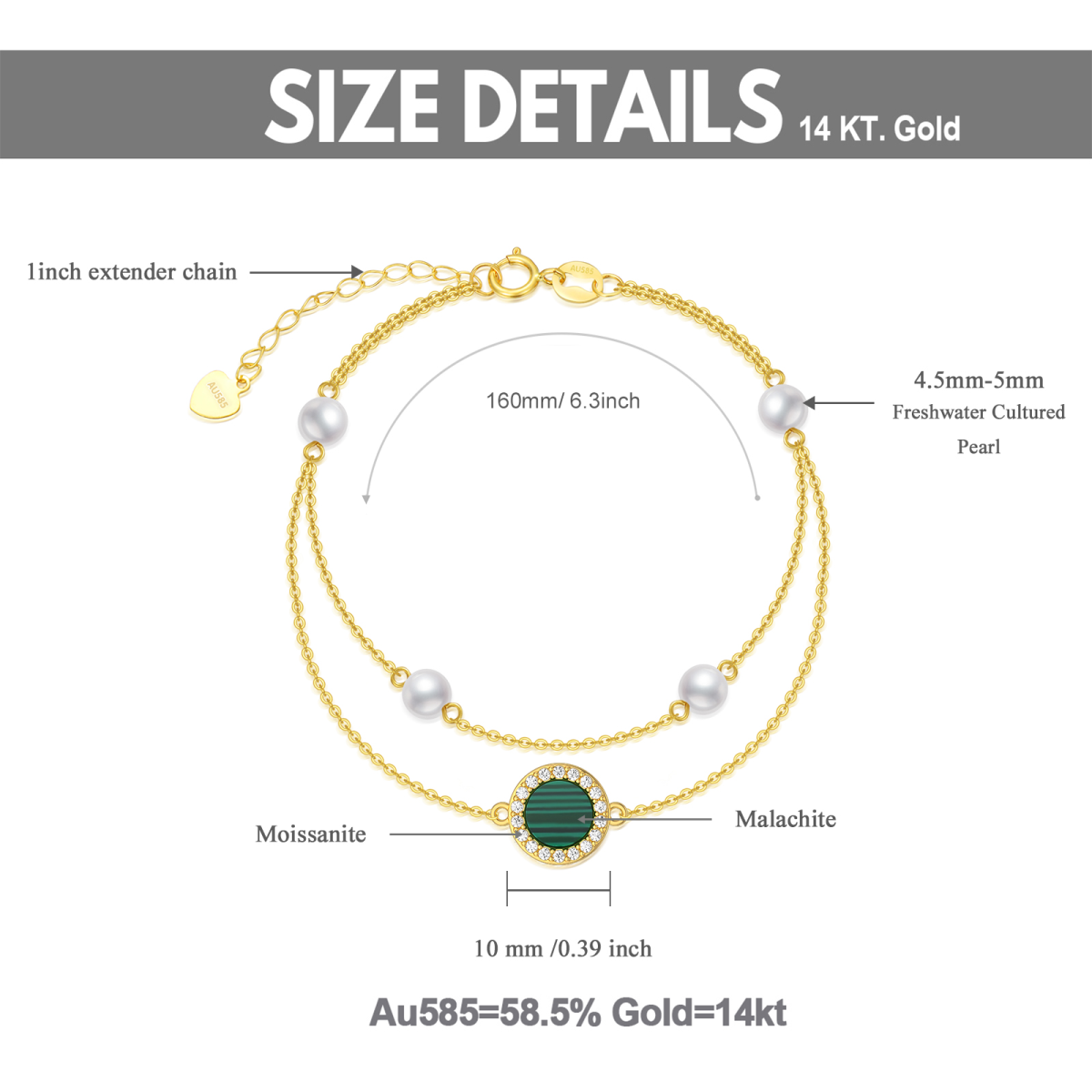 14K Gold Round Malachite With Diamond & Pearl Layerered Bracelet For Women-5