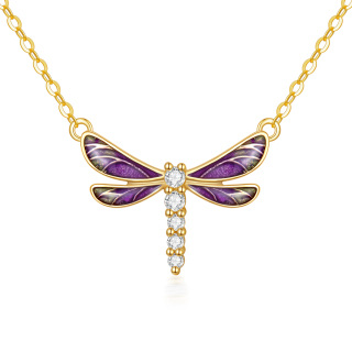 9K Gold Round Cubic Zirconia Dragonfly Pendant Necklace-14