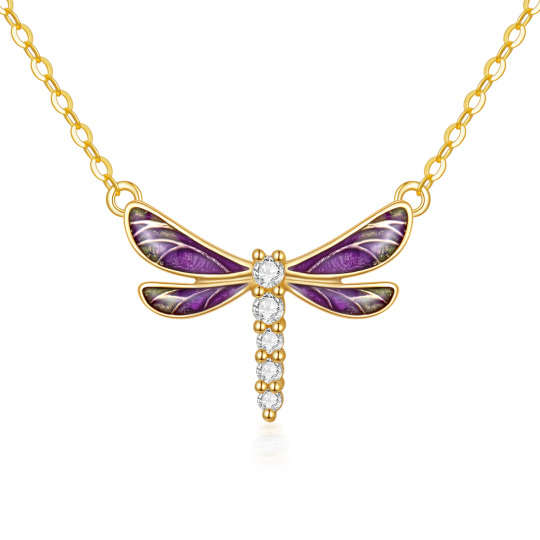 9K Gold Round Cubic Zirconia Dragonfly Pendant Necklace