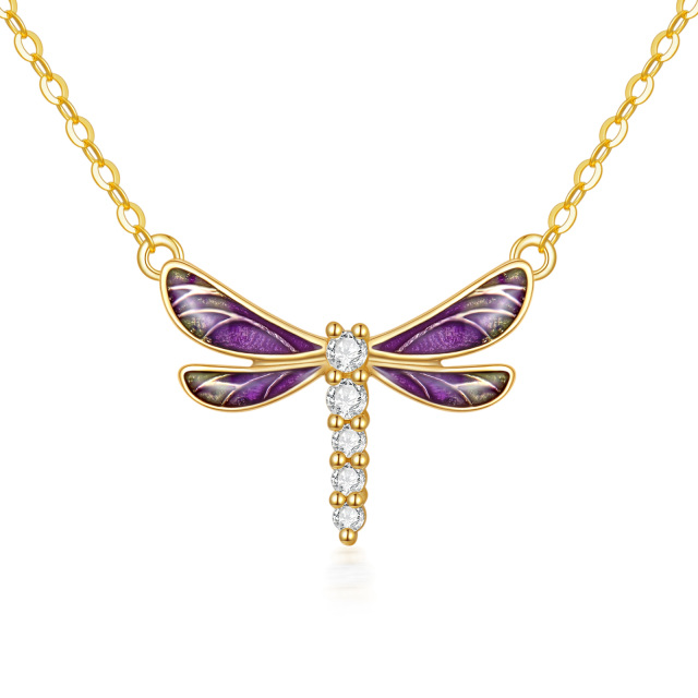 14K Gold Round Cubic Zirconia Dragonfly Pendant Necklace-1