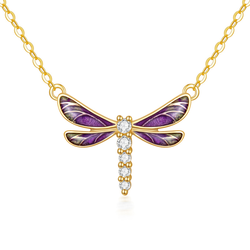 9K Gold Round Cubic Zirconia Dragonfly Pendant Necklace-6