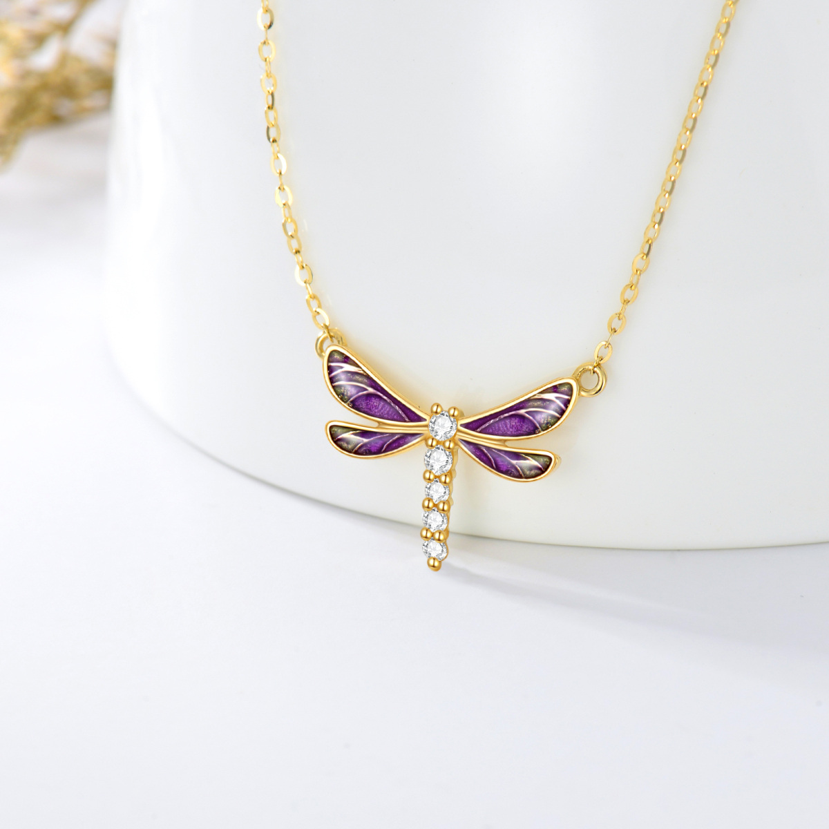 14K Gold Round Cubic Zirconia Dragonfly Pendant Necklace-3