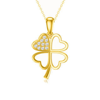 10K Gold Round Cubic Zirconia Four-leaf Clover Pendant Necklace-30