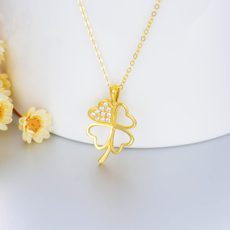 10K Gold Round Cubic Zirconia Four-leaf Clover Pendant Necklace-3
