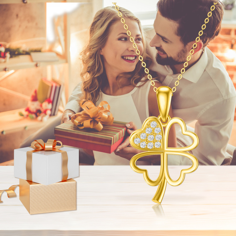 10K Gold Round Cubic Zirconia Four-leaf Clover Pendant Necklace-6