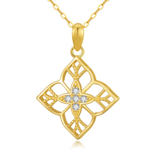 10K Gold Round Cubic Zirconia Four-leaf Clover Pendant Necklace-46