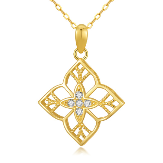 10K Gold Round Cubic Zirconia Four-leaf Clover Pendant Necklace