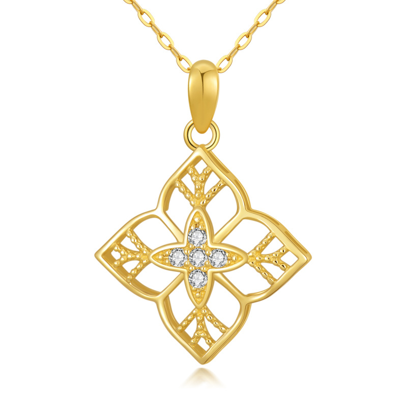 10K Gold Round Cubic Zirconia Four-leaf Clover Pendant Necklace-12