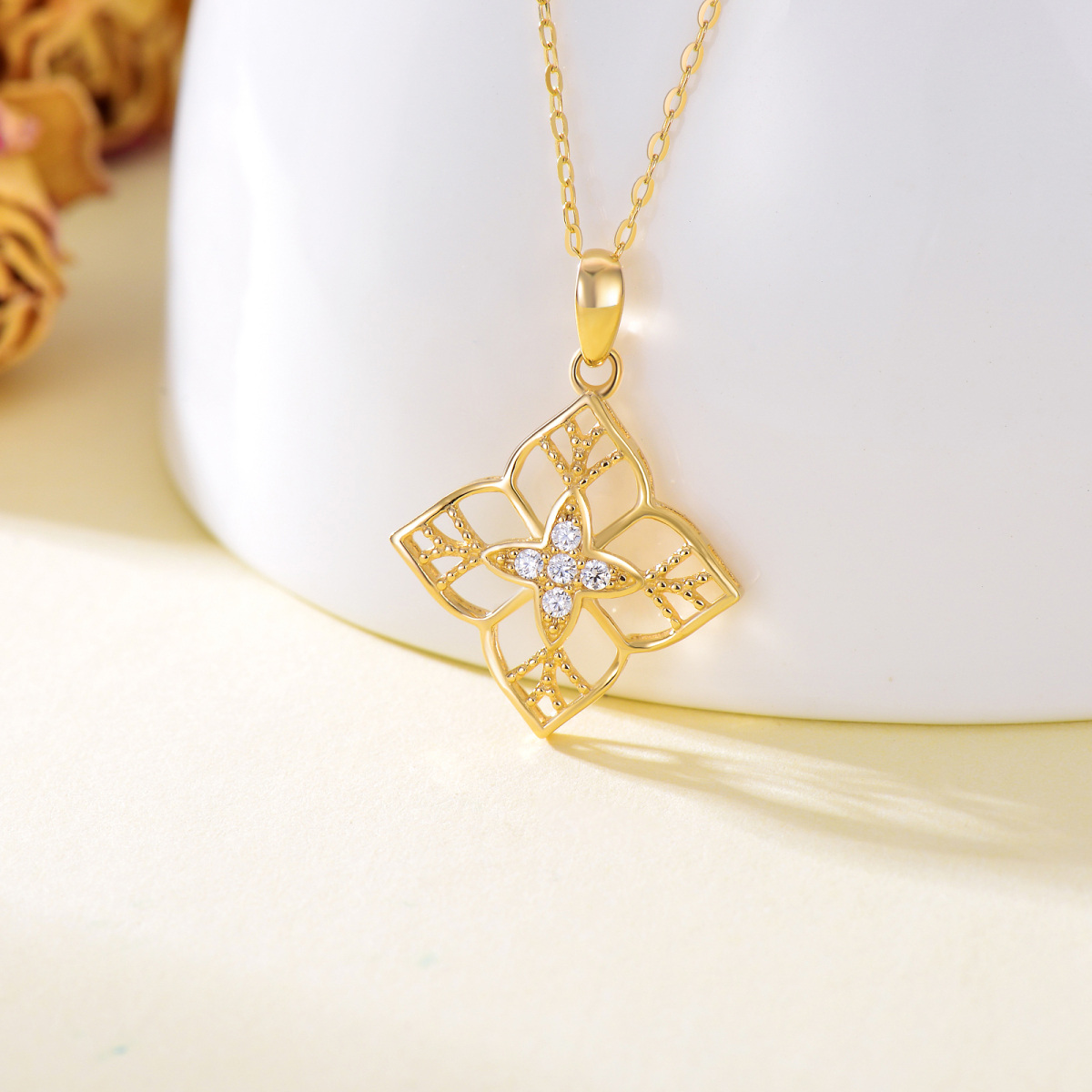 14K Gold Round Cubic Zirconia Four-leaf Clover Pendant Necklace-3