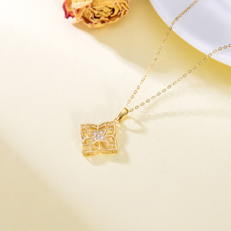 10K Gold Round Cubic Zirconia Four-leaf Clover Pendant Necklace-4