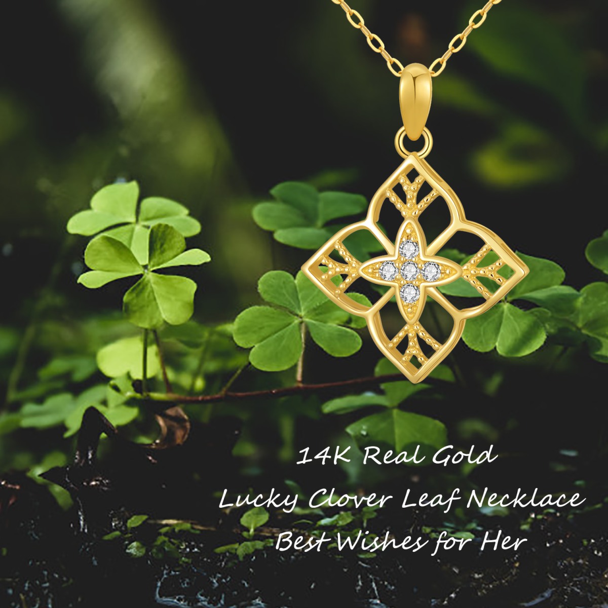 14K Gold Round Cubic Zirconia Four-leaf Clover Pendant Necklace-5