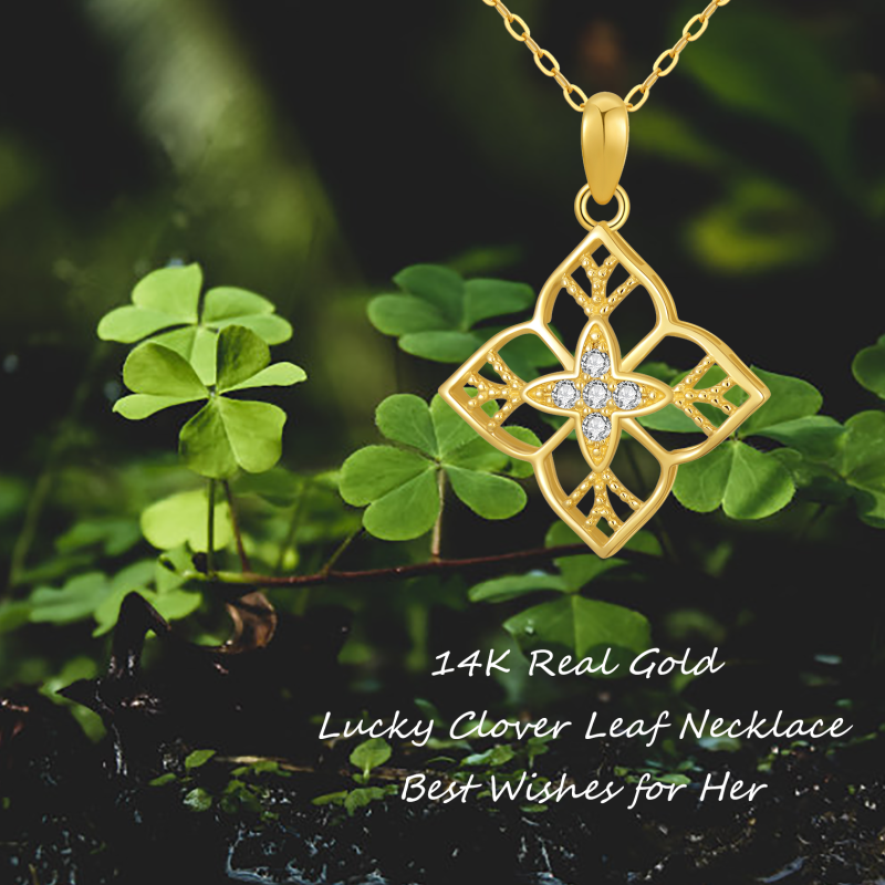 10K Gold Round Cubic Zirconia Four-leaf Clover Pendant Necklace-5