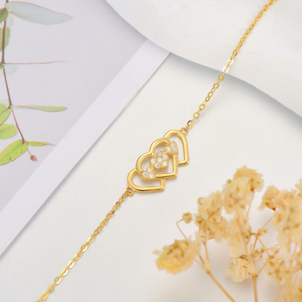 10K Gold Round Cubic Zirconia Heart Charm Bracelet For Women-4