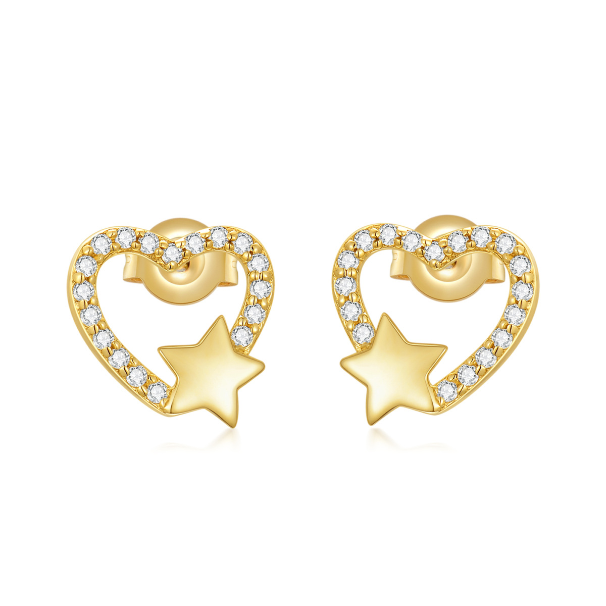 10K Gold Round Cubic Zirconia Heart & Star Stud Earrings-1