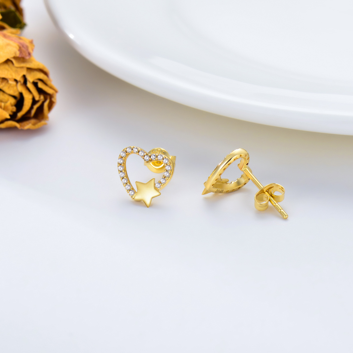 10K Gold Round Cubic Zirconia Heart & Star Stud Earrings-3