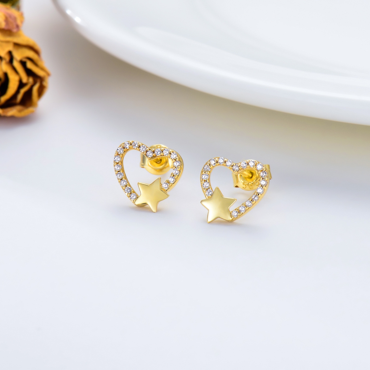 10K Gold Round Cubic Zirconia Heart & Star Stud Earrings-4