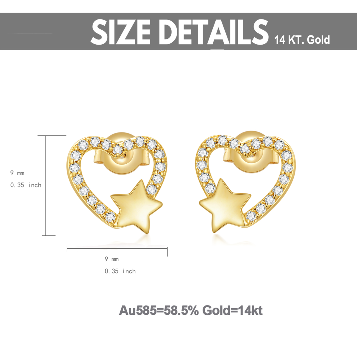 10K Gold Round Cubic Zirconia Heart & Star Stud Earrings-5