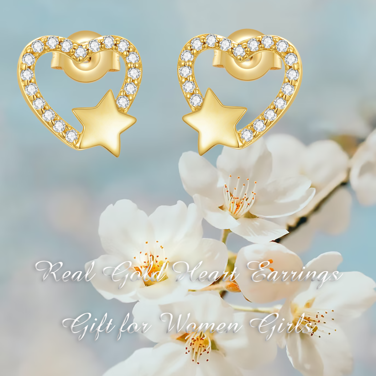 10K Gold Round Cubic Zirconia Heart & Star Stud Earrings-6