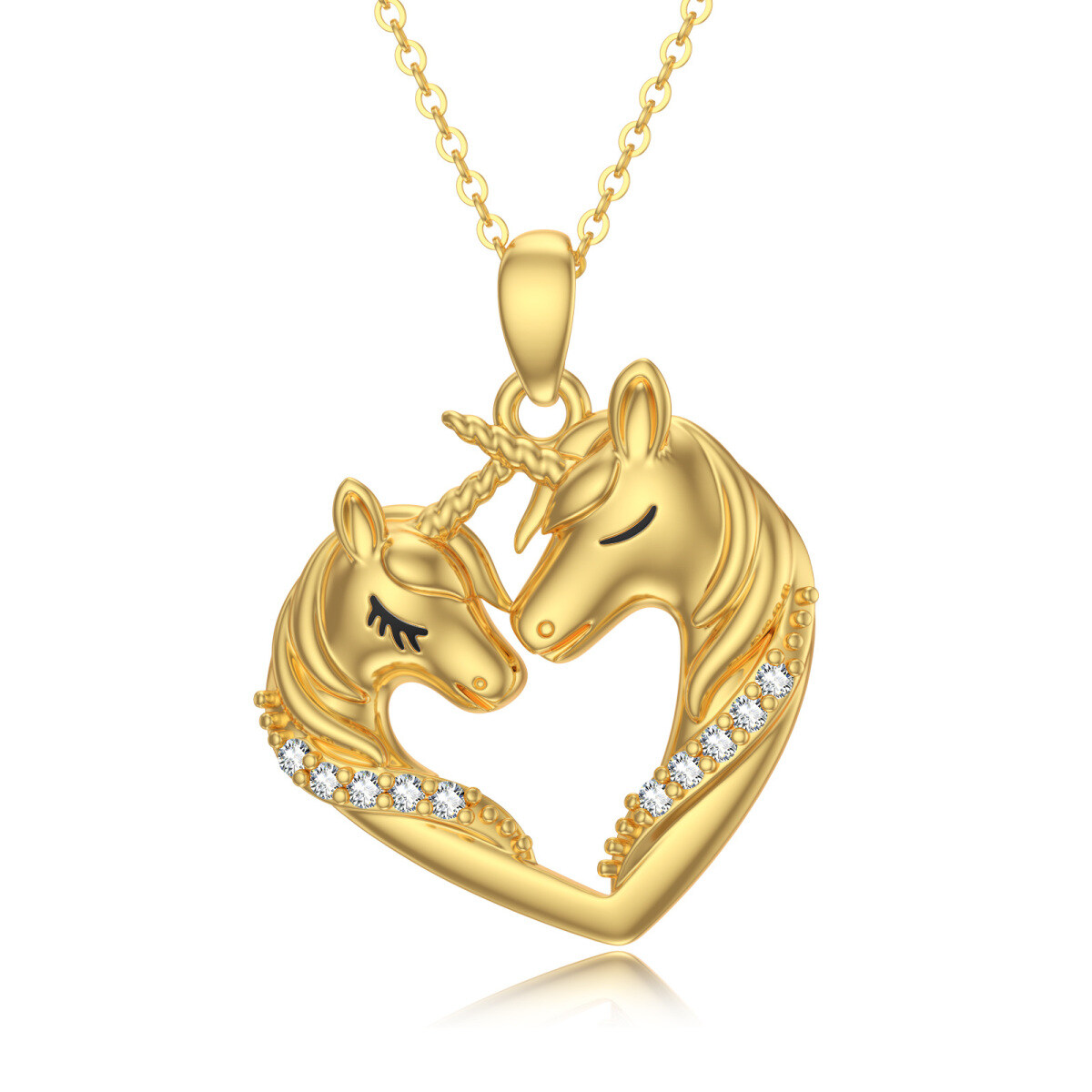 Collier pendentif coeur et licorne en or 14K à zircons cubiques ronds-1