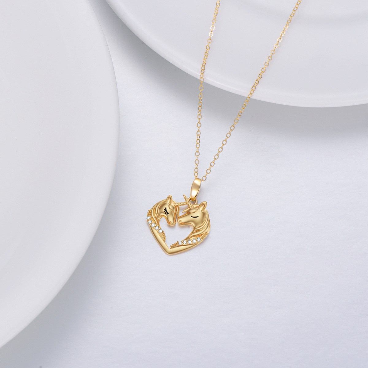 14K Gold Round Cubic Zirconia Heart & Unicorn Pendant Necklace-3