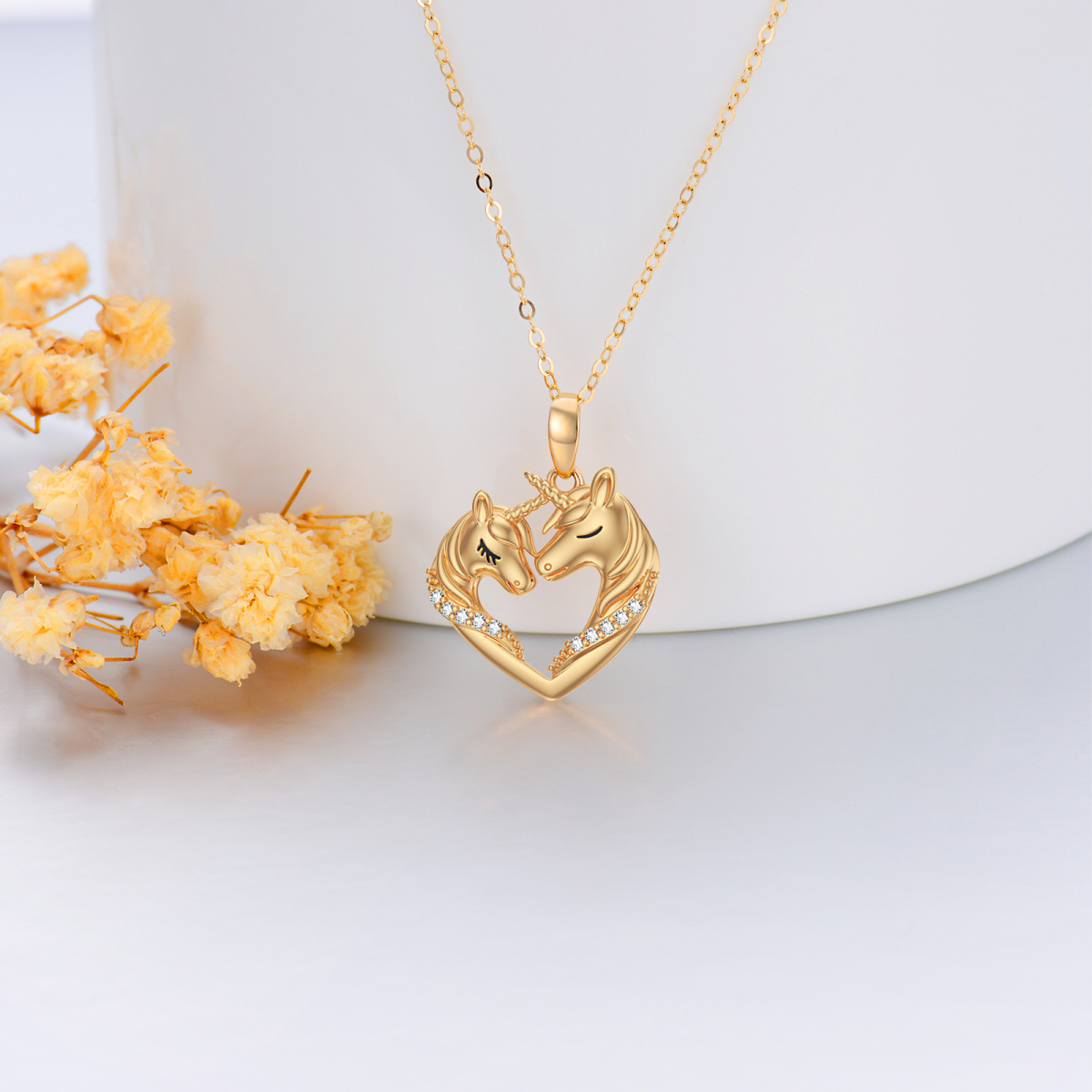 14K Gold Round Cubic Zirconia Heart & Unicorn Pendant Necklace-4