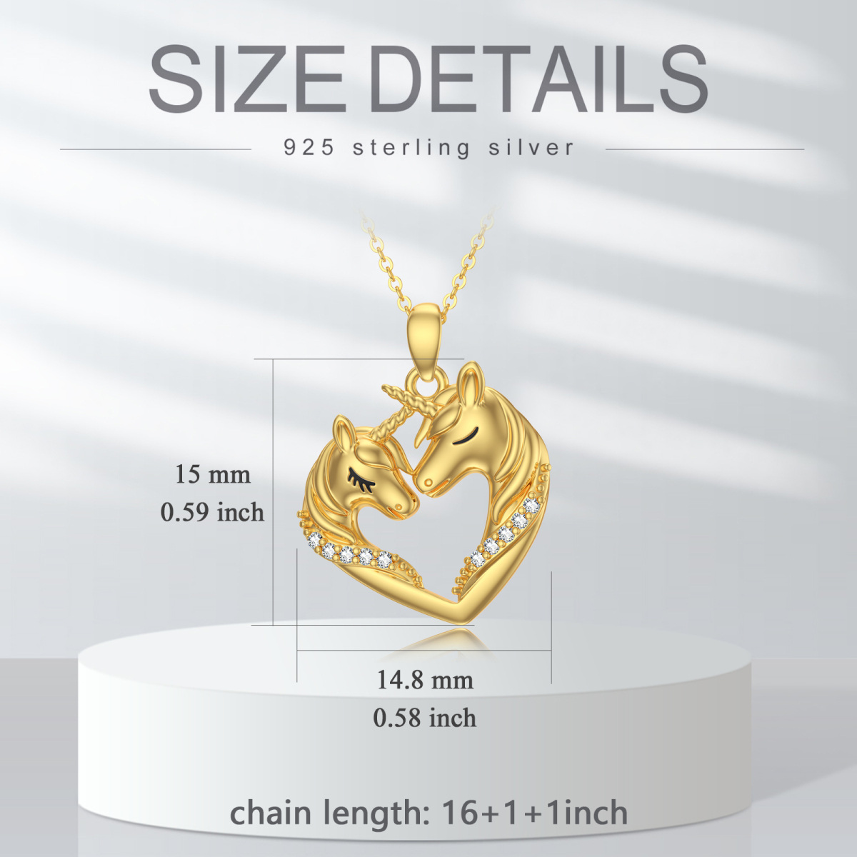 14K Gold Runde Zirkonia Herz & Einhorn Anhänger Halskette-5