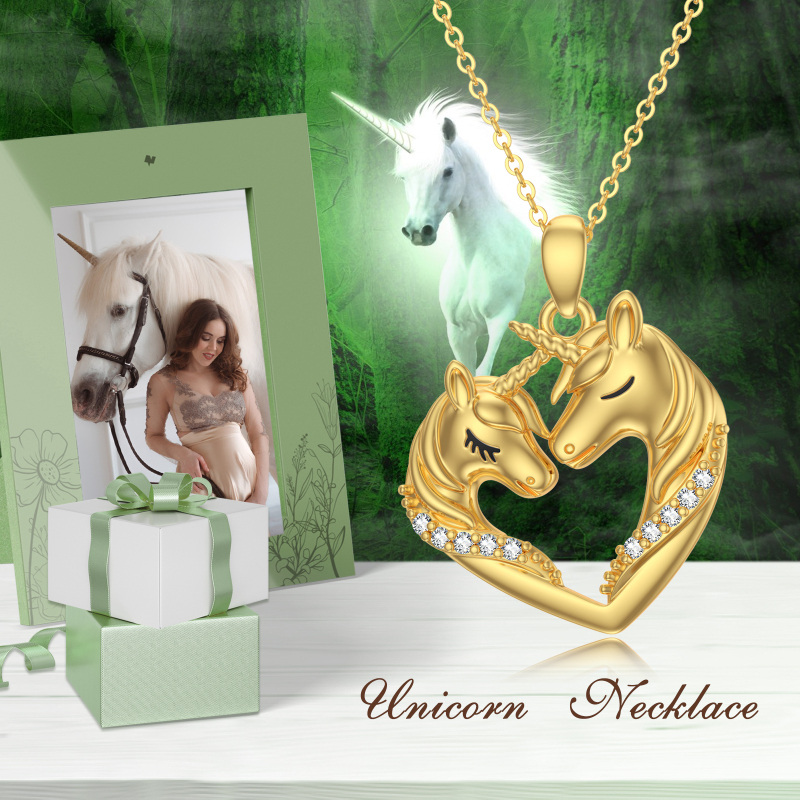10K Gold Round Cubic Zirconia Heart & Unicorn Pendant Necklace-6