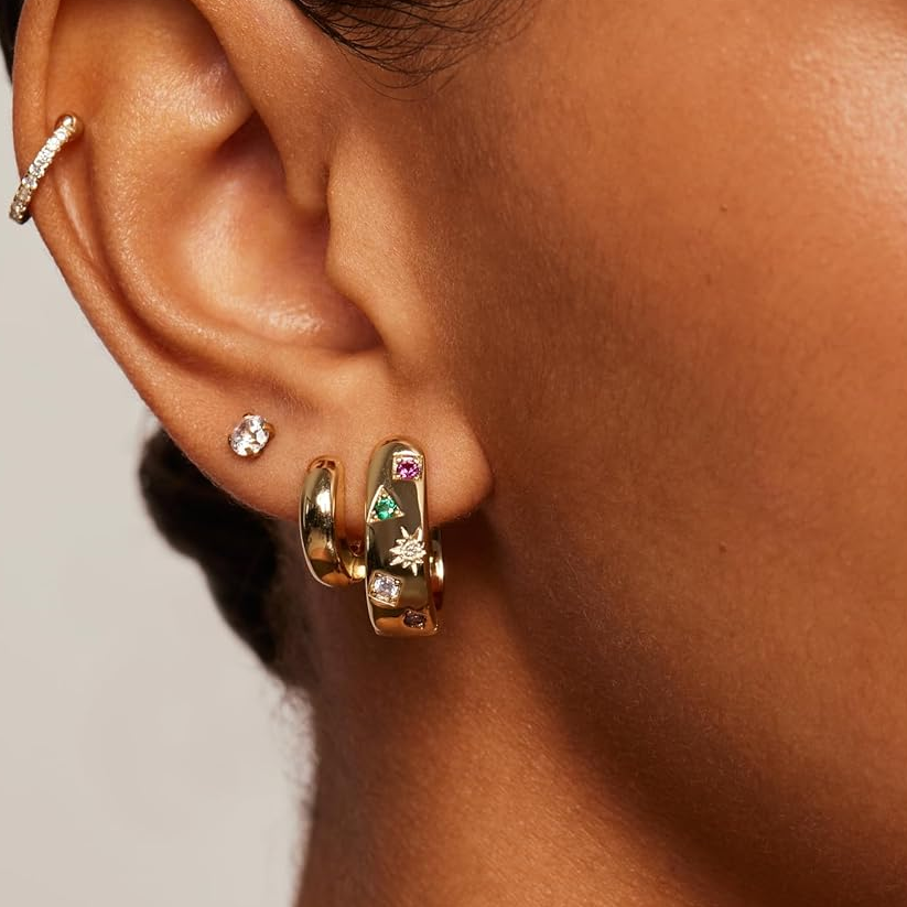 10K Gold Cubic Zirconia Round Hoop Earrings-2