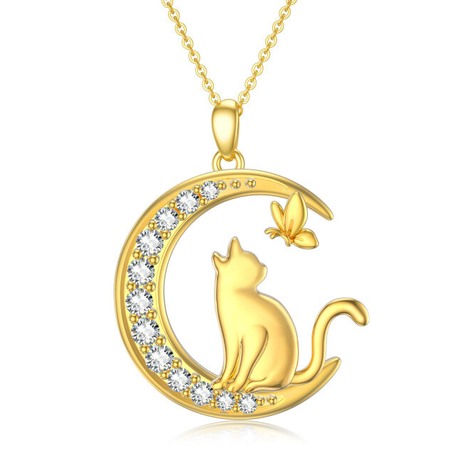 14K Gold Runde Moissanit Schmetterling mit Katze mit Mond Anhänger Halskette für Frauen