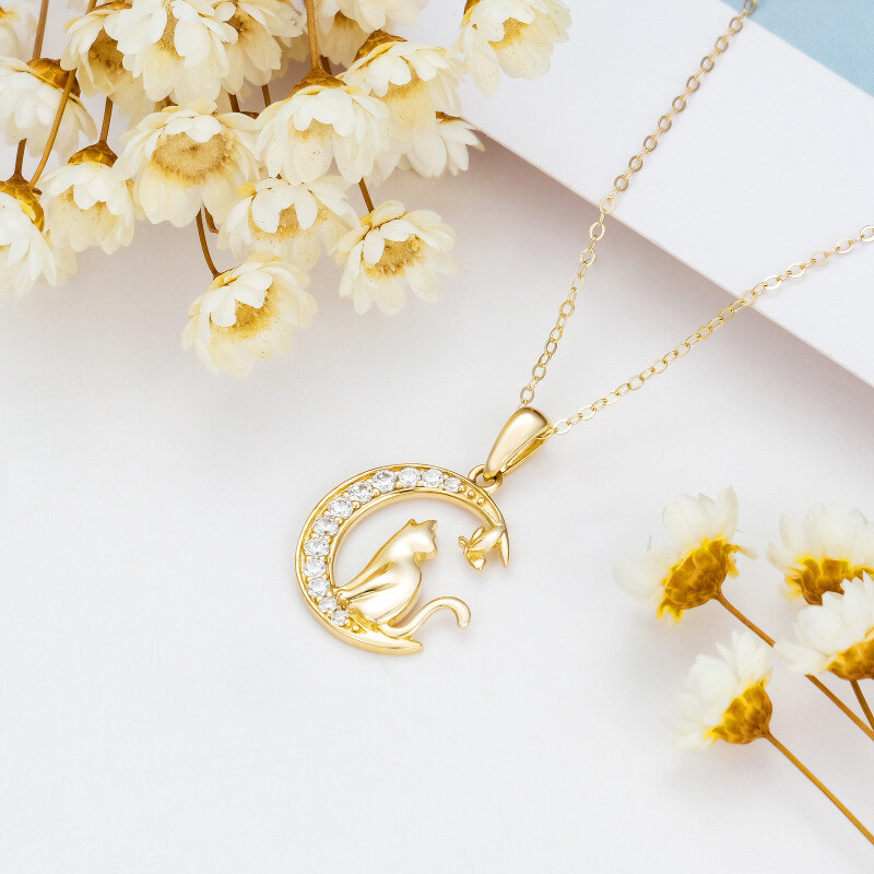 Borboleta redonda de Moissanite em ouro 14K com gato e colar com pingente de lua para mulheres-4