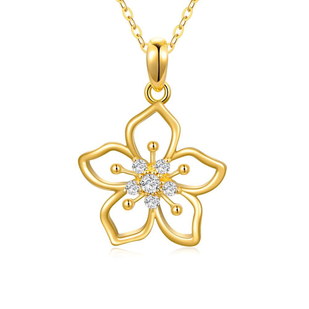 Collar con colgante de flor de cerezo y moissanita redonda en oro de 14 quilates-1