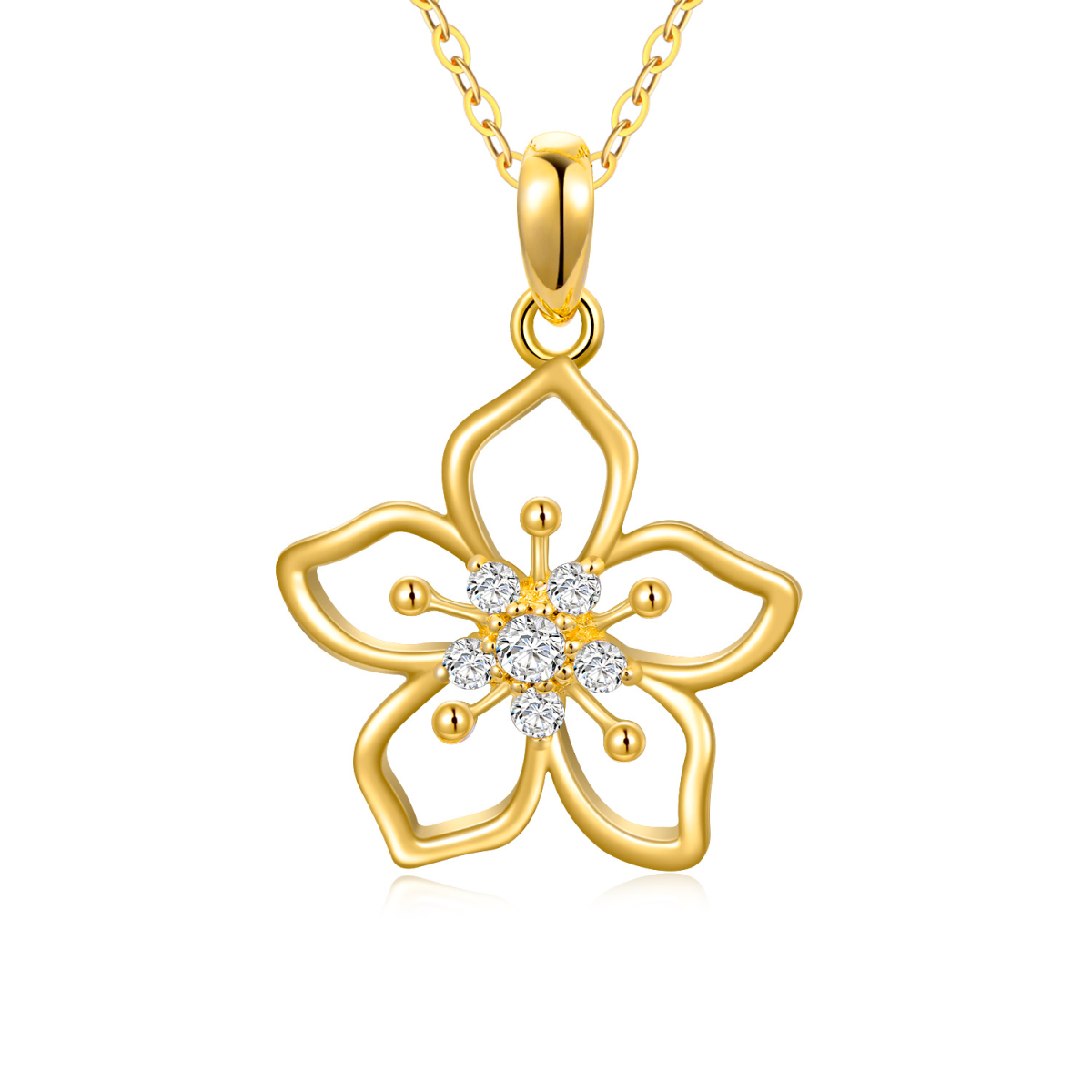 Collana con ciondolo a forma di fiore di ciliegio in moissanite rotonda in oro 14K-1