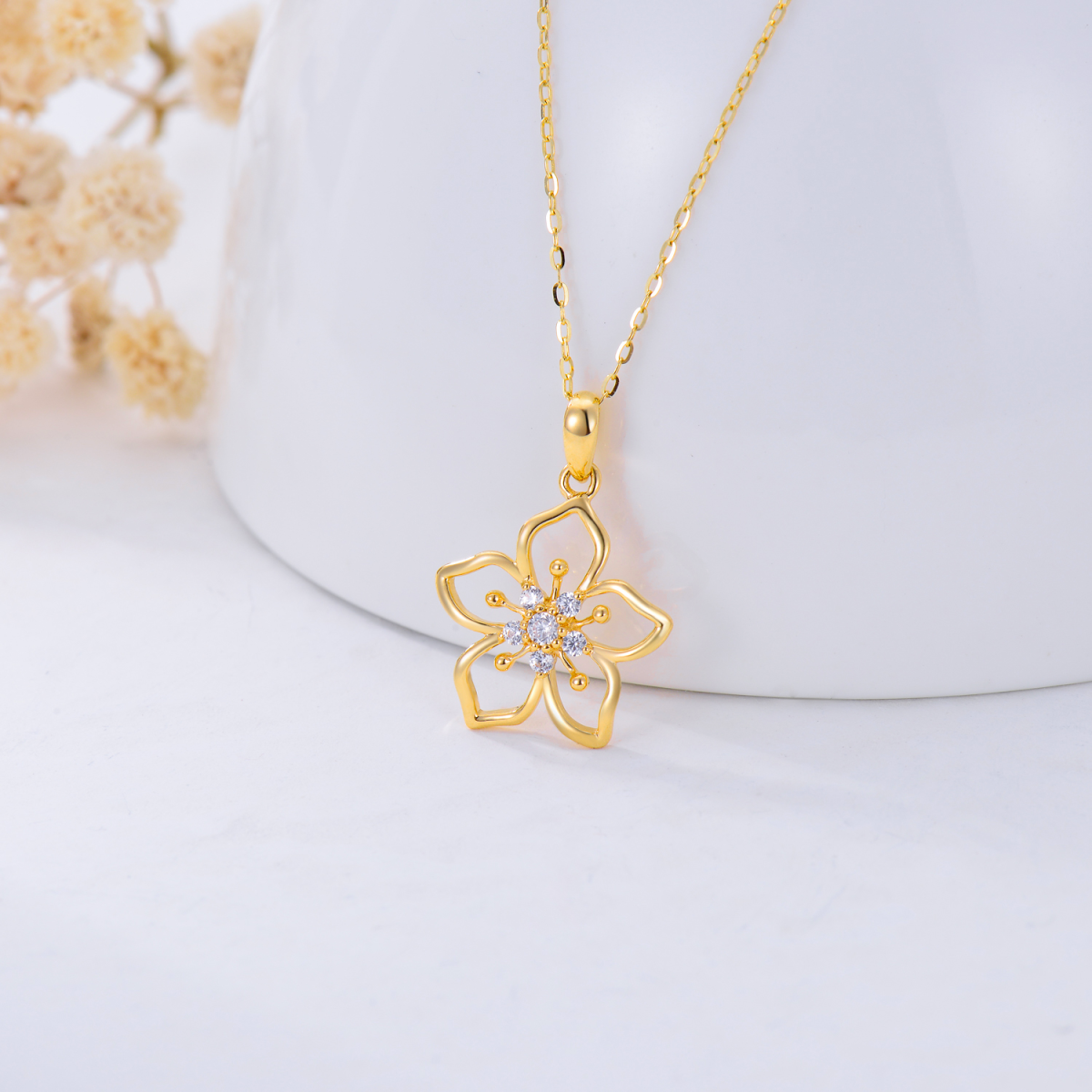 Collana con ciondolo a forma di fiore di ciliegio in moissanite rotonda in oro 14K-3